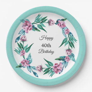 Romantic Feminine Floral 40th Birthday Paper Plate