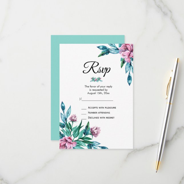 Romantic Feminine Floral 40th Birthday RSVP Card (Front/Back In Situ)
