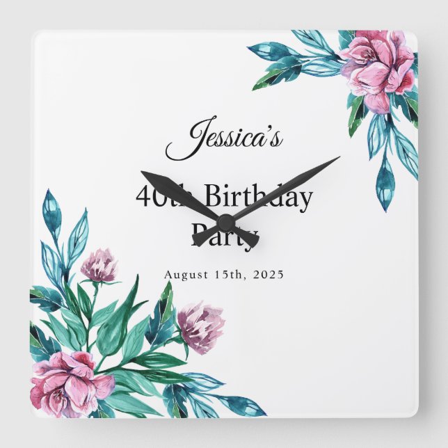 Romantic Feminine Floral 40th Birthday Square Wall Clock (Front)