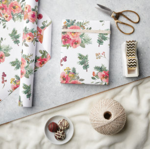 Romantic Festive Floral & Pine   Christmas Holiday Wrapping Paper