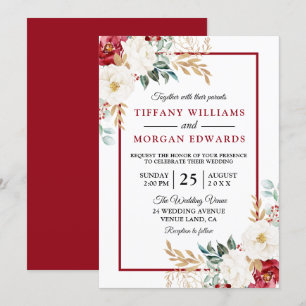Romantic Festive Red White Green Floral Wedding Invitation