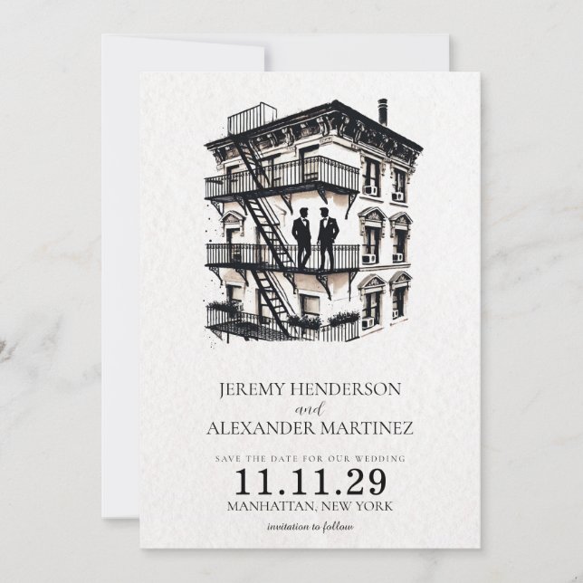 Romantic Fire Escape Grooms Save The Date (Front)