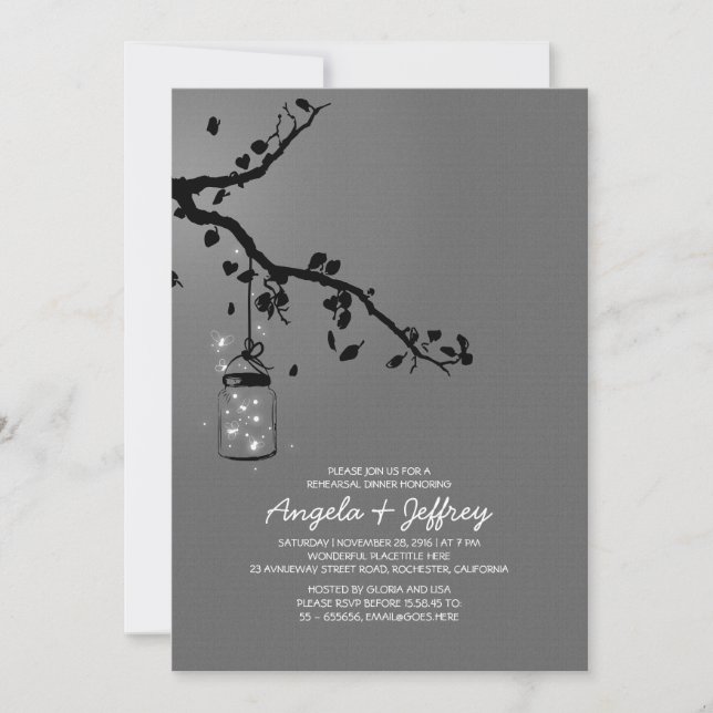 Romantic fireflies mason jar rehearsal dinner invitation (Front)