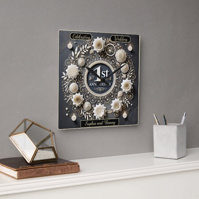 Romantic First Anniversary Wreath Design Square Wall Clock (Office)