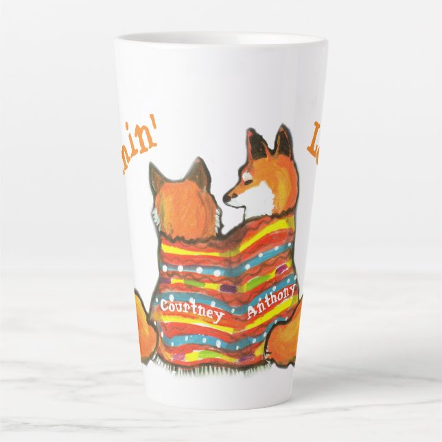 Romantic Flaming Love Fox Foxes W/Custom Names Latte Mug (Front)
