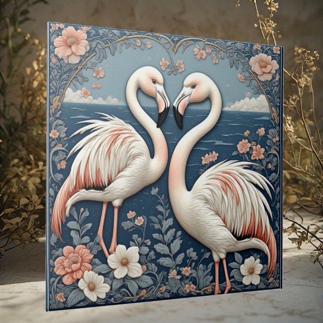 Romantic Flamingo Couple Art Deco Blue Pond Floral Ceramic Tile (Romantic Flamingo Couple Art Deco Blue Pond Floral Ceramic Tile)