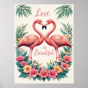 Romantic Flamingo Love Heart Illustration Poster