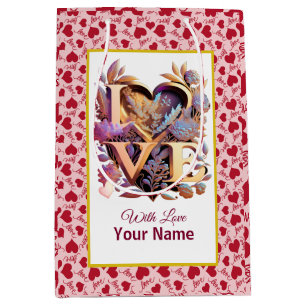 Romantic Floral and Gold Heart Medium Gift Bag