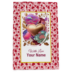 Romantic Floral and Gold Heart Medium Gift Bag