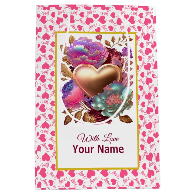 Romantic Floral and Gold Heart Medium Gift Bag (Front)