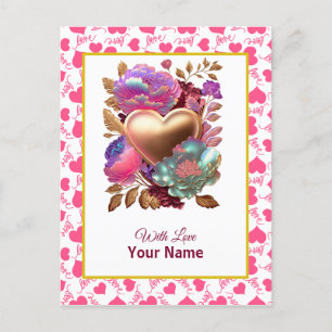 Romantic Floral and Gold Heart Postcard