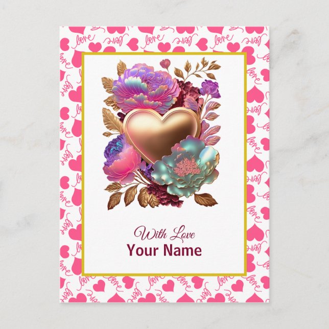 Romantic Floral and Gold Heart Postcard (Front)
