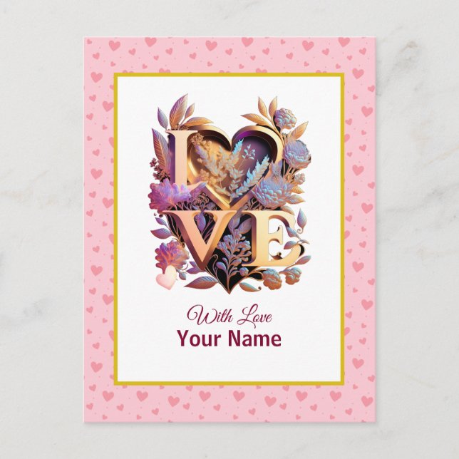 Romantic Floral and Gold Heart Postcard (Front)