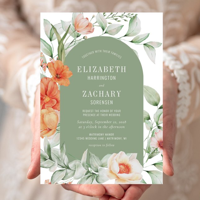 Romantic Floral Arch Peach Sage Green Wedding Invitation (Creator Uploaded)