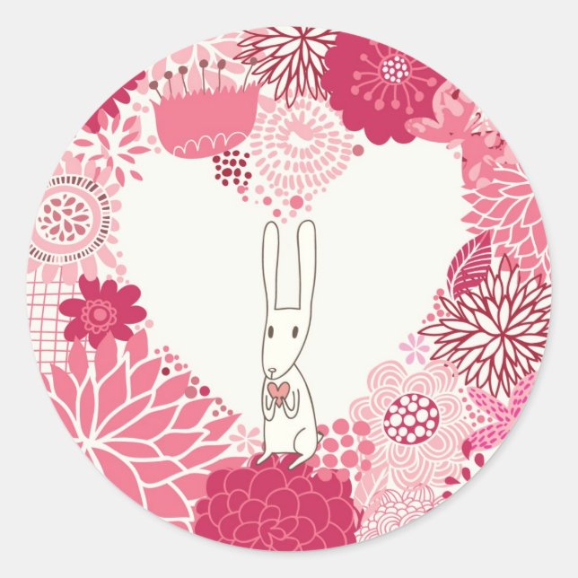 Romantic floral background with cute rabbit classic round sticker (Front)