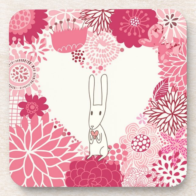Romantic floral background with cute rabbit coaster (Front)