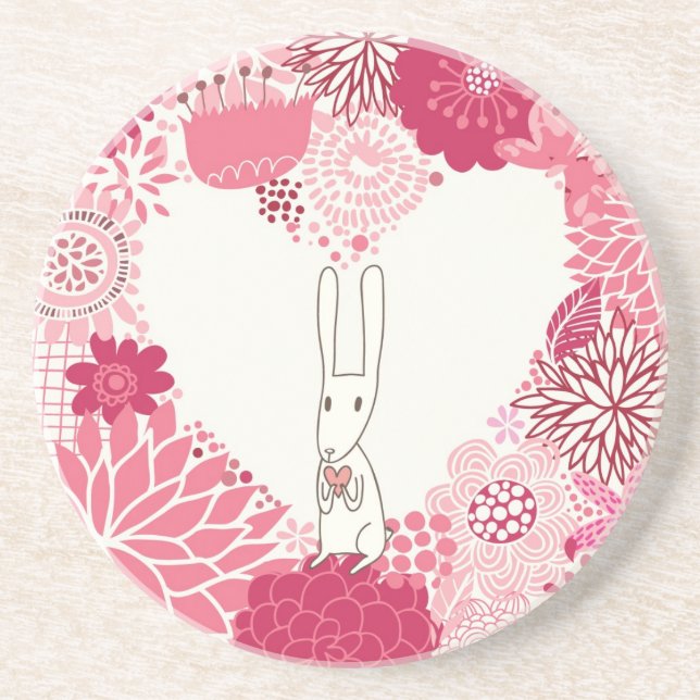 Romantic floral background with cute rabbit coaster (Front)