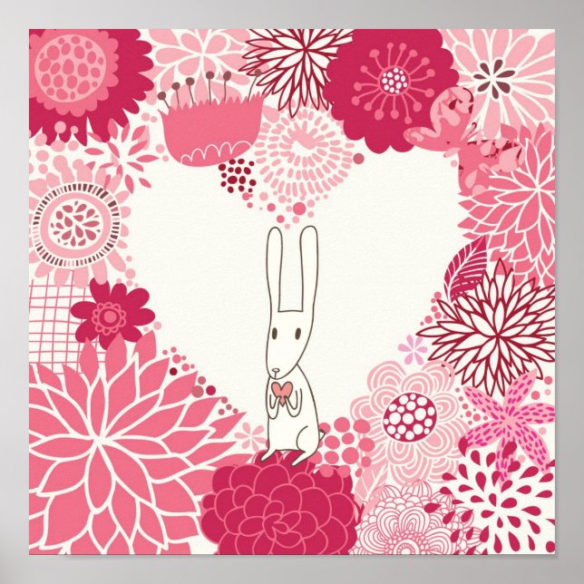 Romantic floral background with cute rabbit poster (Front)