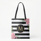 Romantic Floral Black White Stripes Monogram
