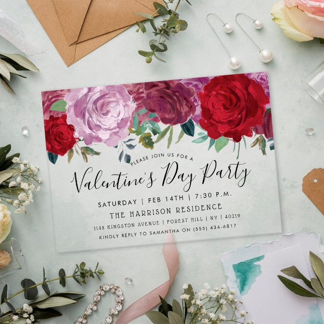 Romantic Floral Blooms Valentine's Day Party Acrylic Invitations (Creator Uploaded)