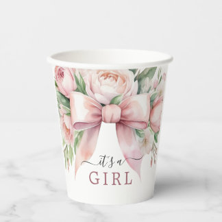 Romantic Floral Blush Pink Bow Baby Shower Paper Cups