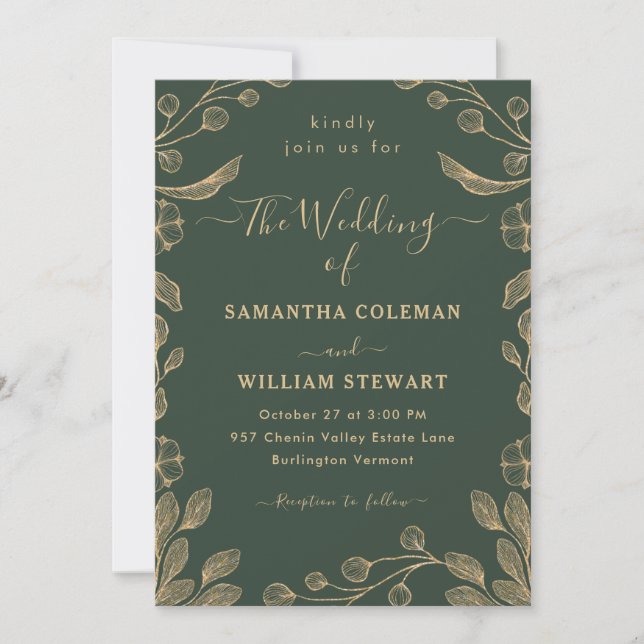 Romantic Floral Botanical Dark Green Wedding Invitation (Front)