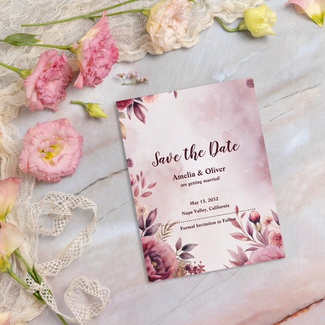 Romantic Floral Botanical Wedding Save the Date Announcement Postcard (Blush Floral Wedding Announcement Postcard | Elegant Watercolor Botanical Wedding Card)