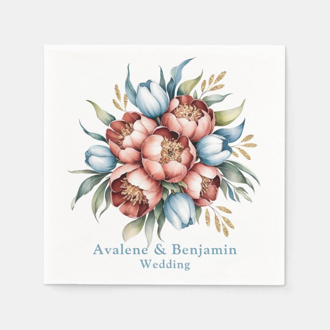 Romantic Floral Bouquet: Peonies & Tulips Wedding Napkin (Front)