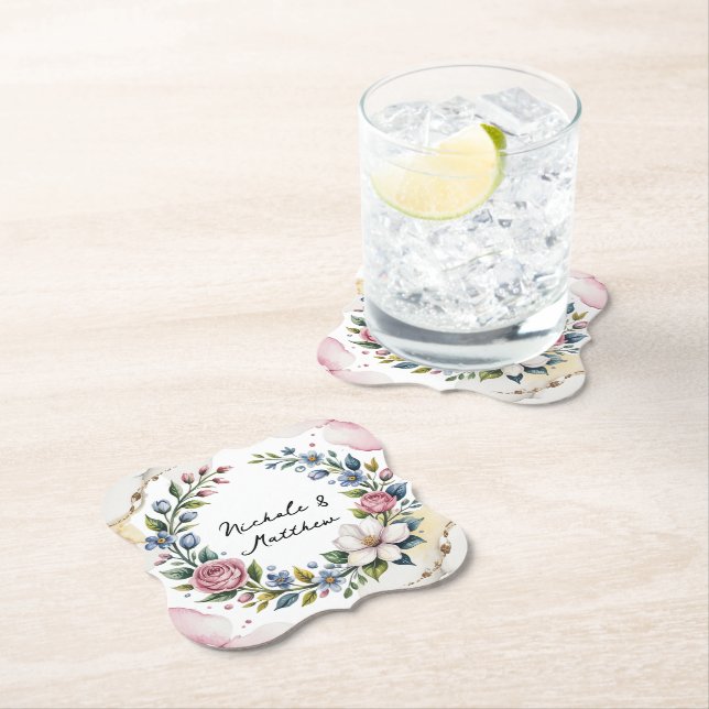 Romantic Floral Bouquet Wedding Paper Coaster (Insitu)
