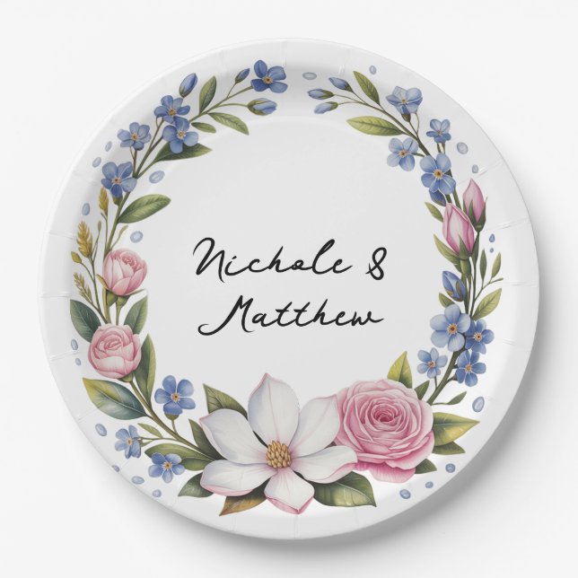 Romantic Floral Bouquet Wedding Paper Plate (Front)