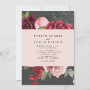 Romantic Floral Bridal Bouquet Pink & Grey Wedding Invitation