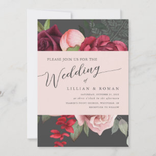 Romantic Floral Bridal Bouquet Pink & Grey Wedding Invitation