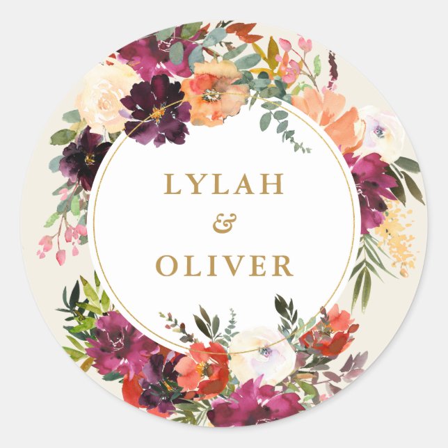 Romantic Floral Burgundy + Peach Wedding Classic Round Sticker (Front)