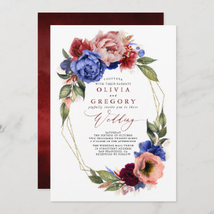 Romantic Floral Burgundy Red and Navy Blue Wedding Invitation