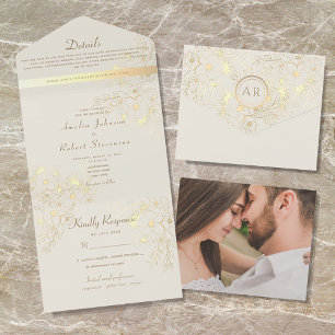 Romantic Floral Champagne Gold Wedding All In One Invitation