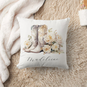Romantic Floral Cowgirl Boots Calligraphy Name Cushion