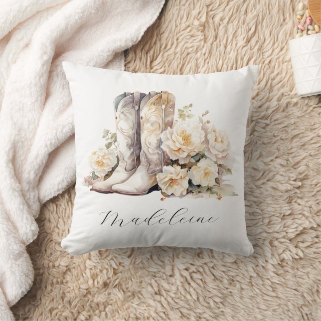 Romantic Floral Cowgirl Boots Calligraphy Name Cushion (Blanket)