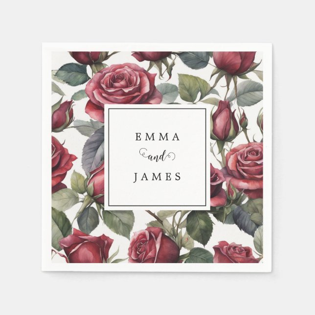 Romantic Floral Dark Roses Wedding Napkin (Front)