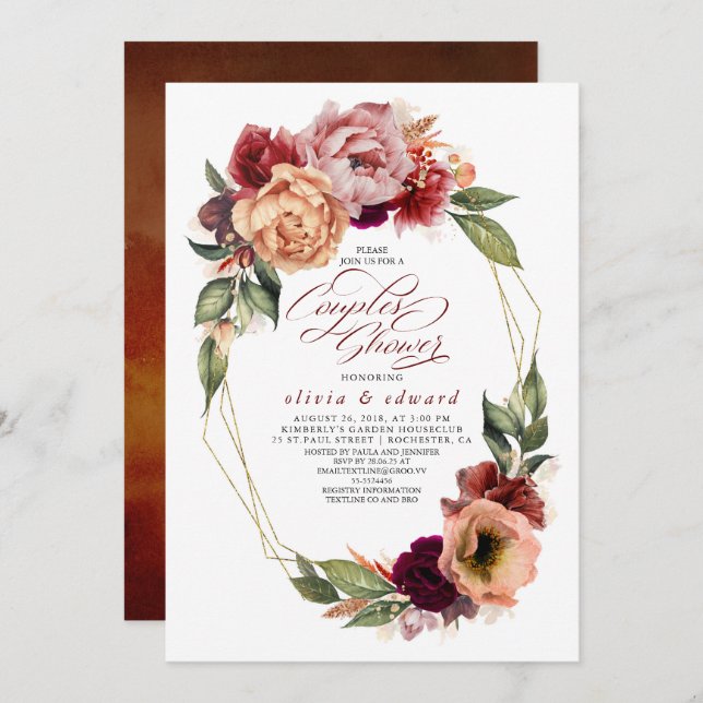 Romantic Floral Earthy Fall Flowers Couples Shower Invitation (Front/Back)