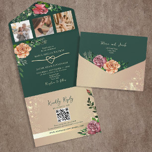 Romantic Floral Emerald Green Wedding All In One Invitation