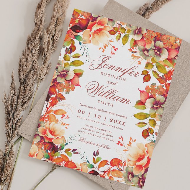 Romantic Floral Fall Autumn Wedding w/ QR RSVP Invitation (Romantic Floral Fall Autumn Wedding w/ QR RSVP Invitation)
