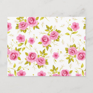 Romantic Floral Flowers Roses Pink White Pattern Postcard
