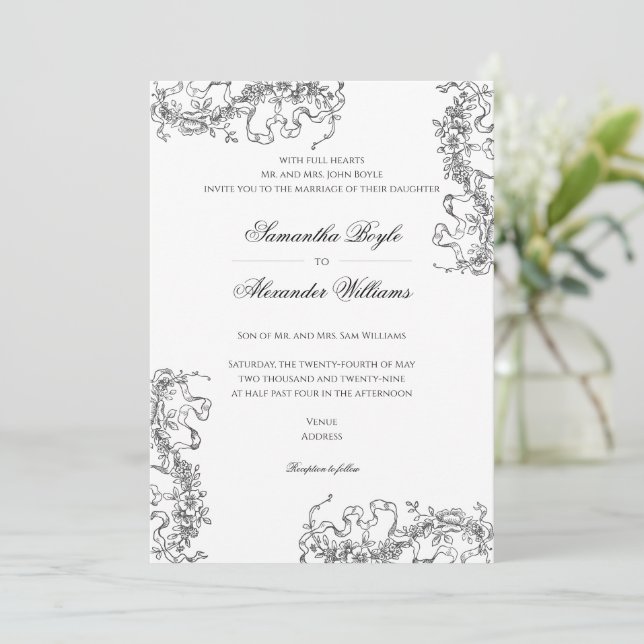 Romantic Floral French Rococo Black White Wedding Invitation (Standing Front)