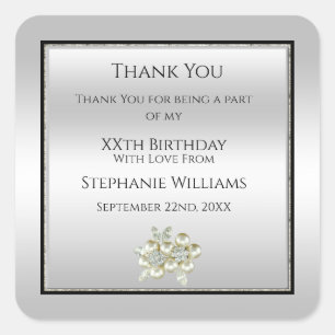 Romantic Floral Gem, Silver & Black Birthday Favou Square Sticker