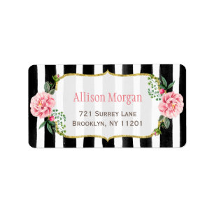 Romantic Floral Gold Glitter Black White Stripes Label