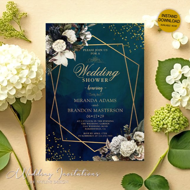 Romantic Floral Gold Wreath Emerald Green Wedding Invitation (Creator Uploaded)