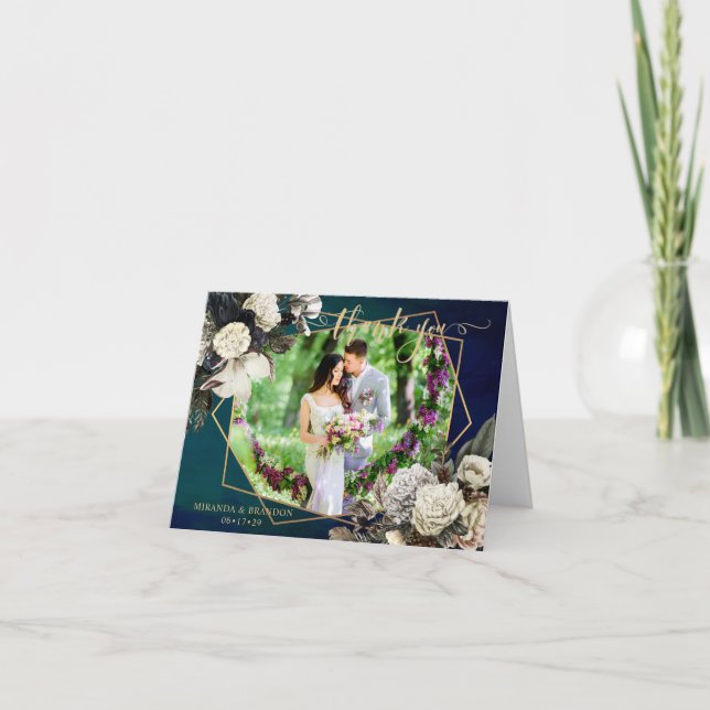 Romantic Floral Gold Wreath Photo Wedding Thank Yo You Card (Front)