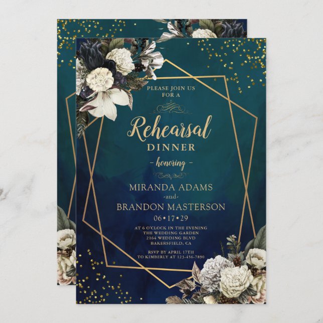 Romantic Floral Gold Wreath Rehearsal Dinner Invitation (Front/Back)