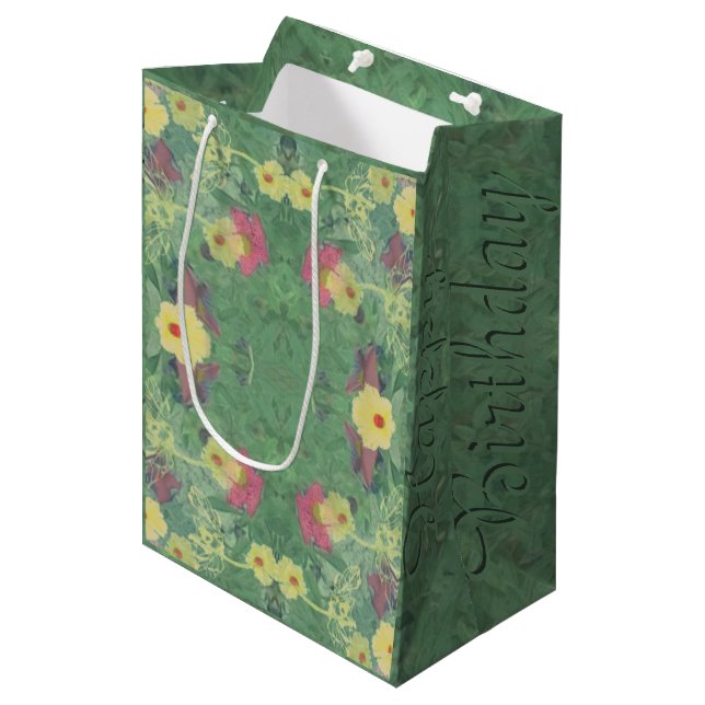 Romantic Floral "Happy Birthday" Medium Gift Bag (Front Angled)