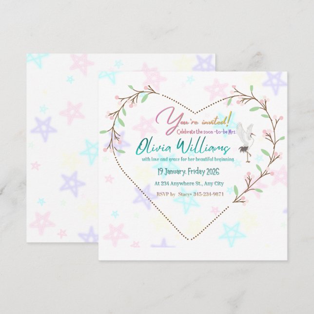 Romantic Floral Heart Bridal Shower Invitation | E (Front/Back)